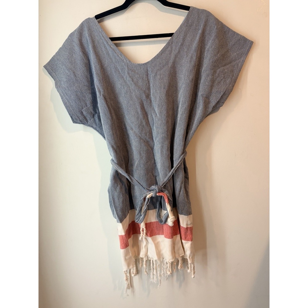 Handmade Bamboo Turkish Towel Beach‎ Cover Up Poncho Tassel Blue White OS